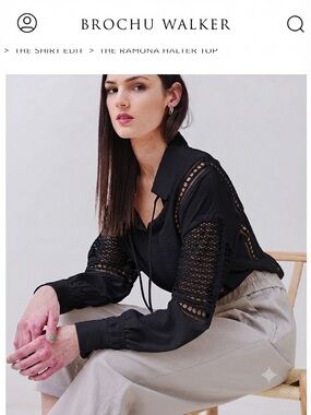 Brochu Walker Kaia Black Crochet Lace-Panel Blouse